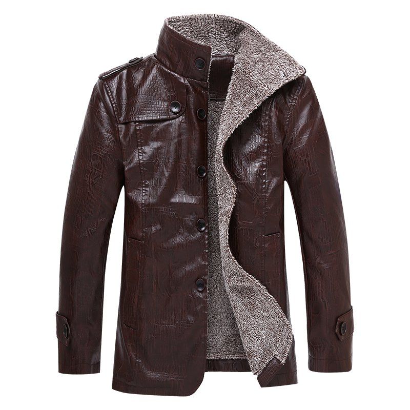 

Winter Thick Leather Garment Casual Flocking Warm Clothing Men Jacket, Brown