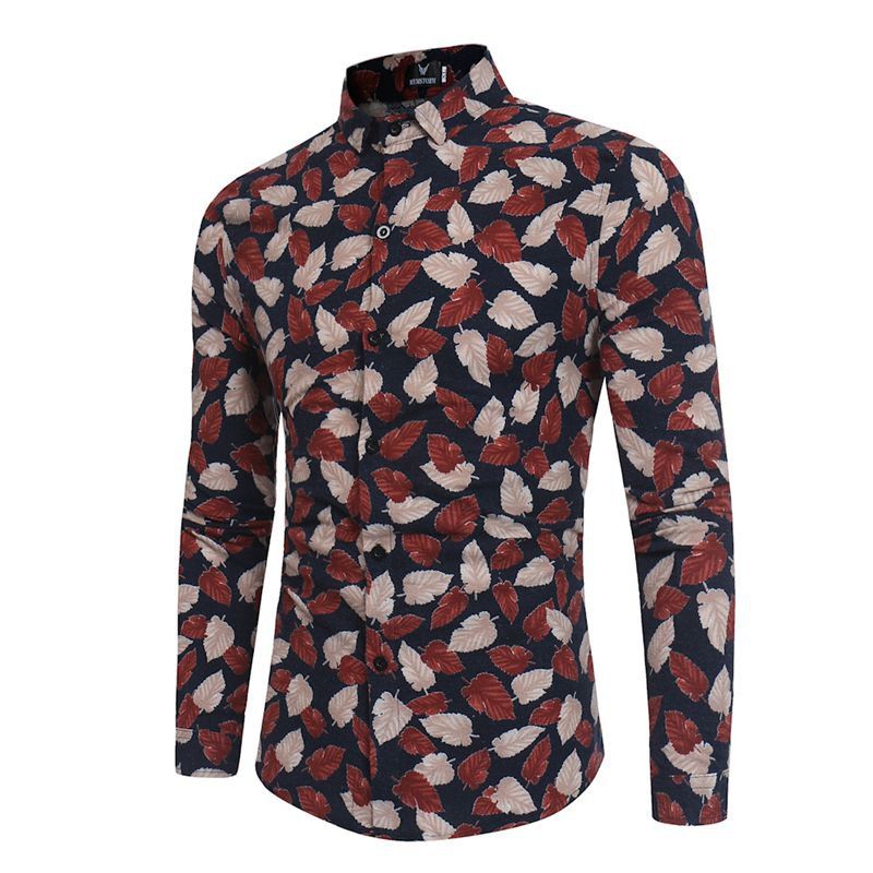 

New Men Fall Leisure Flowery Shirt Beach Style Long-sleeved Shirt, Black