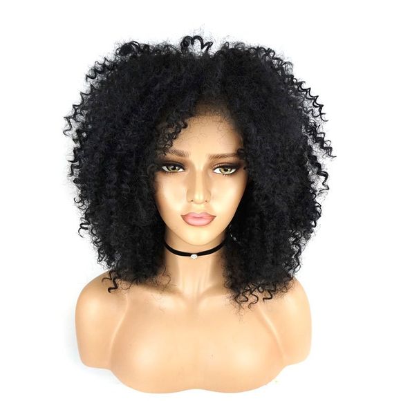 Fluffy Afro Curly avec Perruque en dentelle synthétique de cheveux de bébé 180 Densité - Noir 14INCH