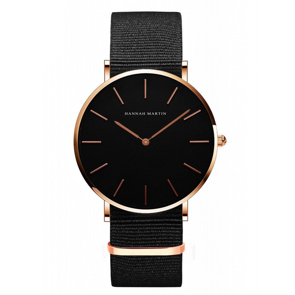 

Hannamading CH02 4893 Leisure Simple Waterproof Canvas Band Women Watch, Black and rose gold