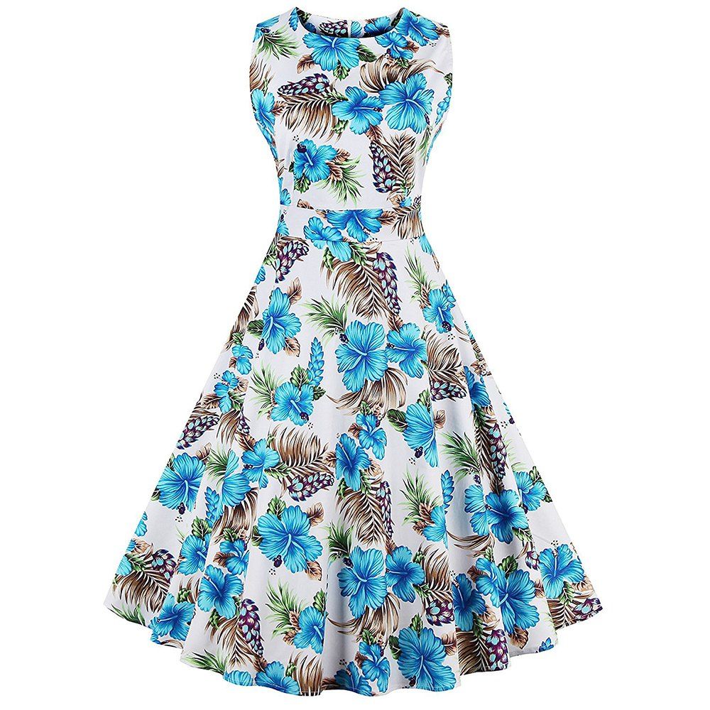 

Cotton Print Retro Dress Hepburn Style Dress, Blue
