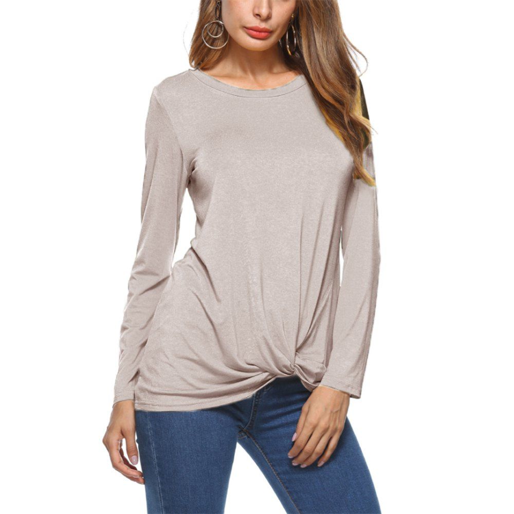 

Cotton Round Collar Long Sleeve T-Shirt Women, Apricot