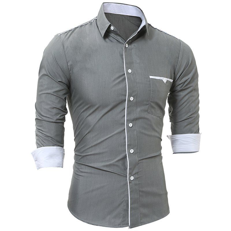 

Patch Pocket Trim Men'S Casual Slim Long-Sleeved Shirt, Gray