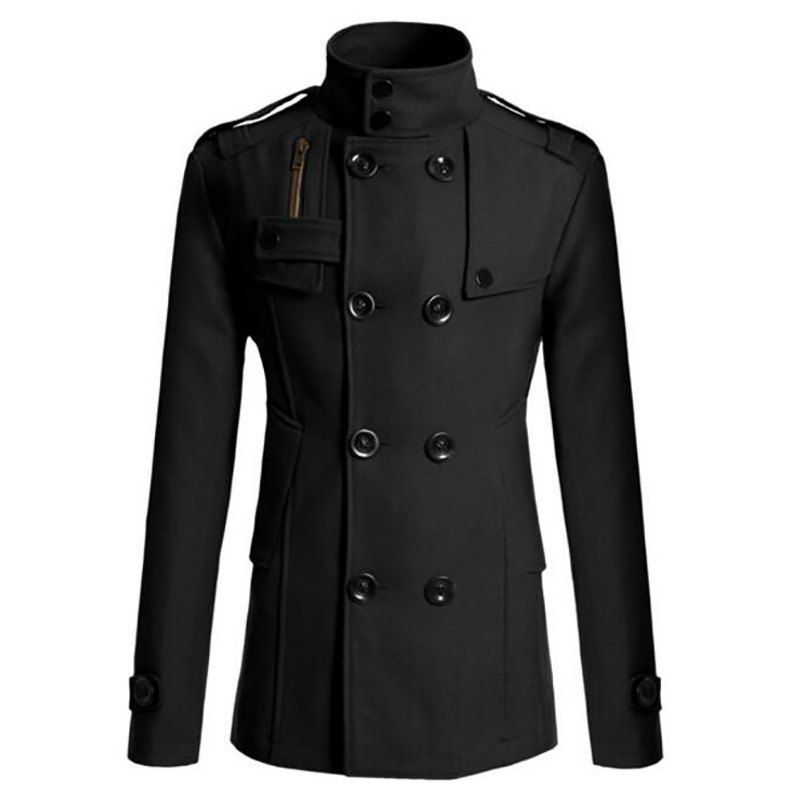 

Men's Pea Coat Double Breasted Wool Blend, Black