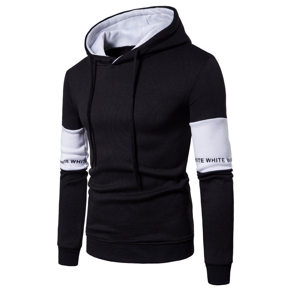 

New Men'S Casual Hooded Fashion Sleeve Stitching Hedging Hoodie, Black