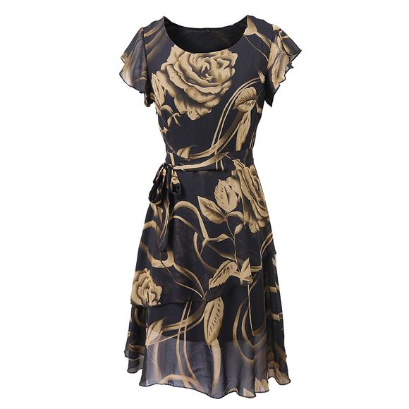 New Style Summer Fashion décontracté Floral imprimé femmes col rond évider imprimé Bowknot robe en mousseline de soie - Noir 2XL