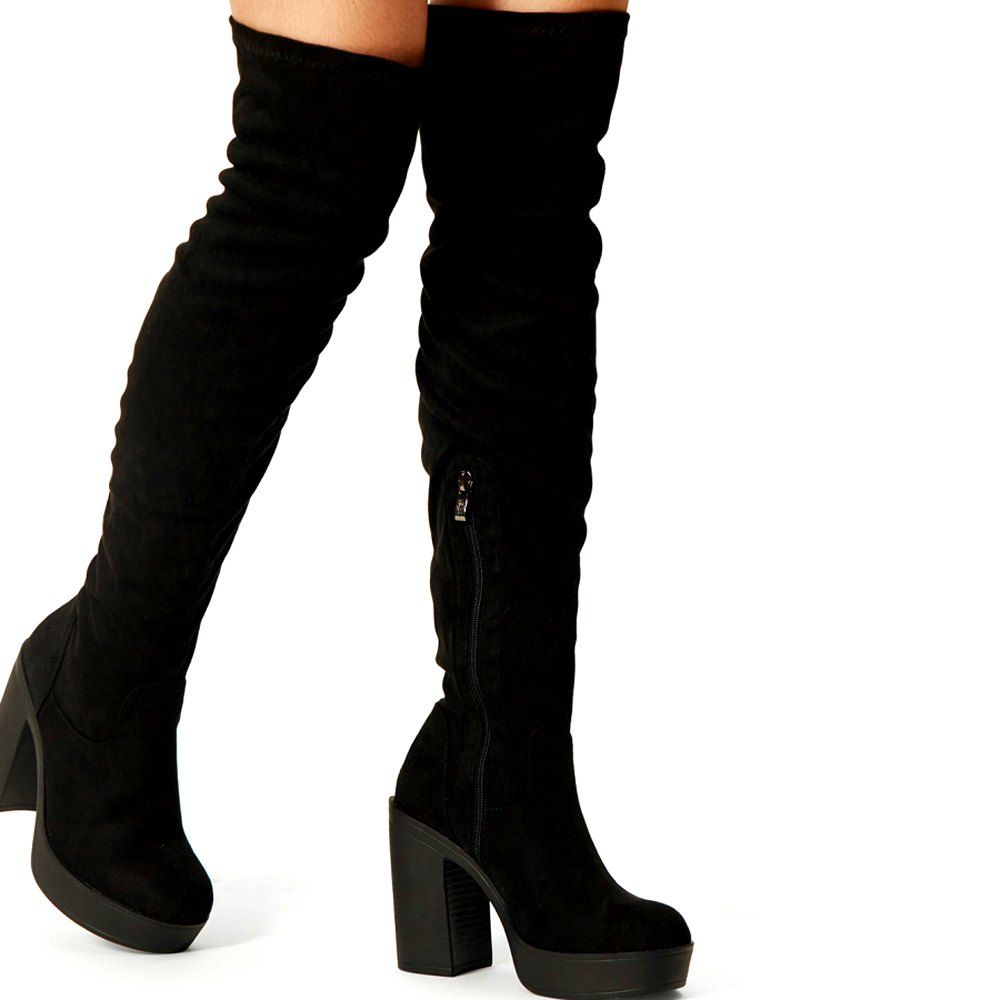 

Side Zipper Block Heeled Over The Knee Boots, Black