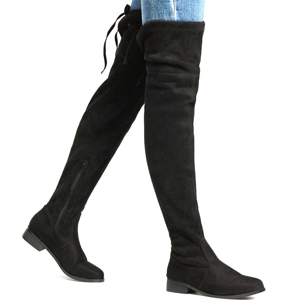 

Round Toe Lace Up Thigh High Boots, Black