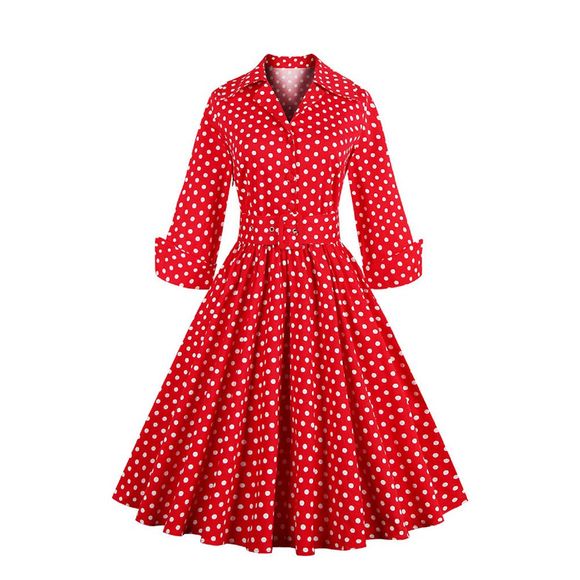 La tunique élégante de polka de point d'été usure de pin-up pour travailler le bureau décontractée partie une robe de patineur de ligne - Rouge 4XL