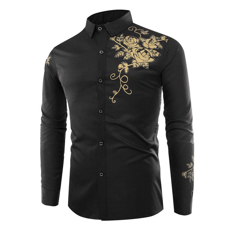 

Fashion lapel rose printing casual men long-sleeved shirt men, Black