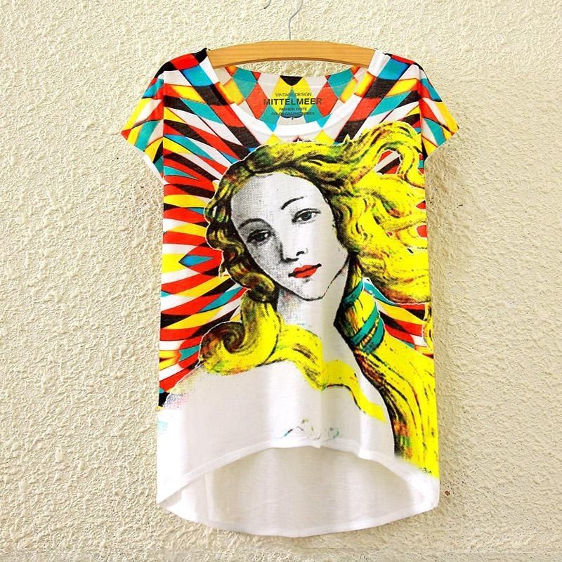 

Summer New Graphic Digital Print Short T Shirt Blouse Loose Ladies White T-shirt Short Sleeve Cotton Blended Tops Outwear for Women, As the picture