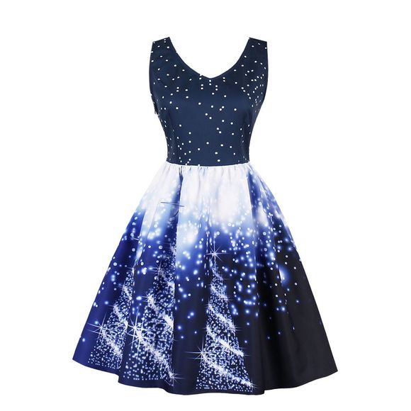 Christmas Snow Print Dress Women A-Line Pin Up Party Dresses Summer Feminino Vestidos Plus Size - Bleu M