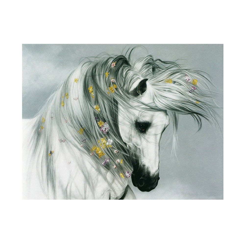 

White Horse Print Draw Diamond Drawing, White grey