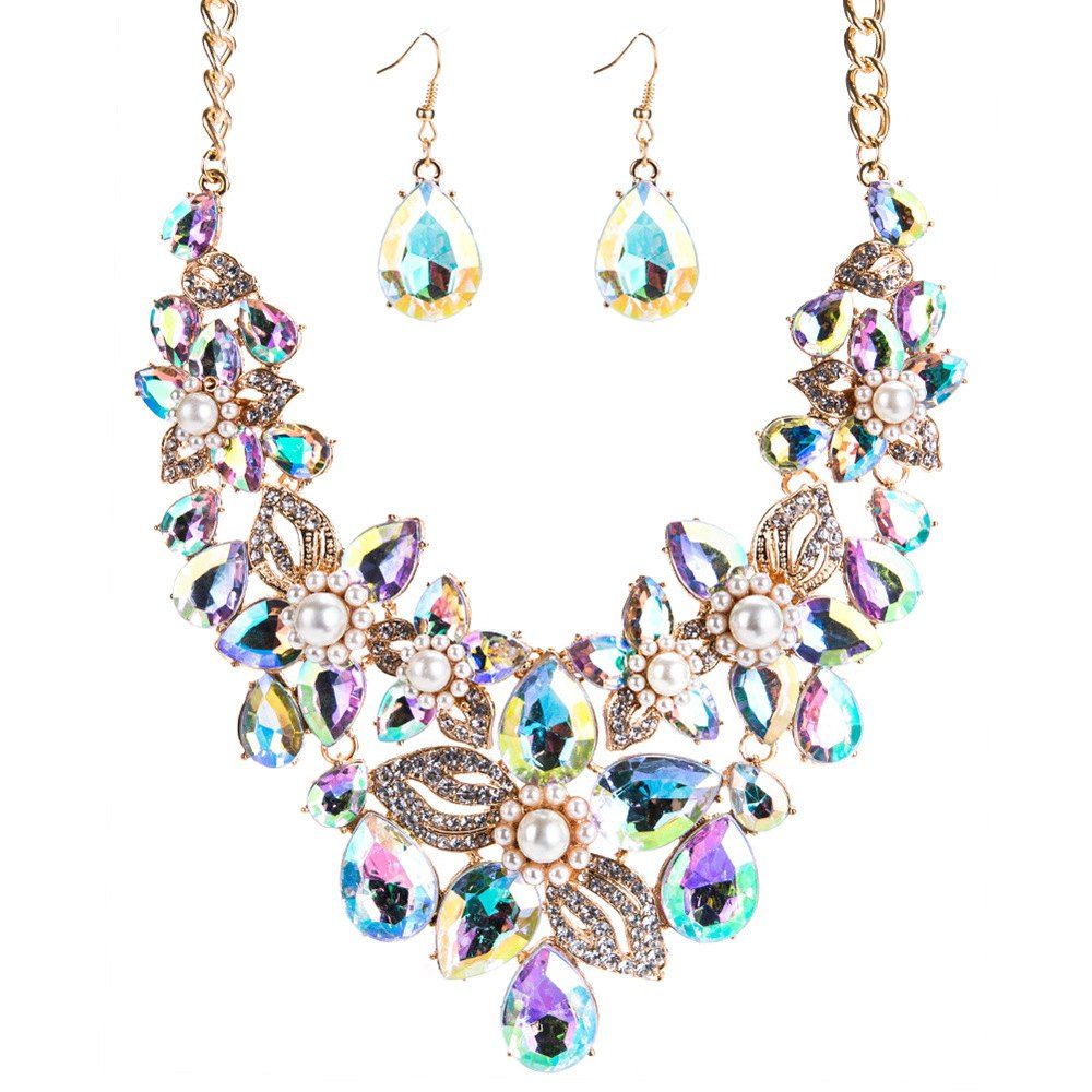 

New Flower Imitation Pearl Water Drop Necklace Set, Colorful