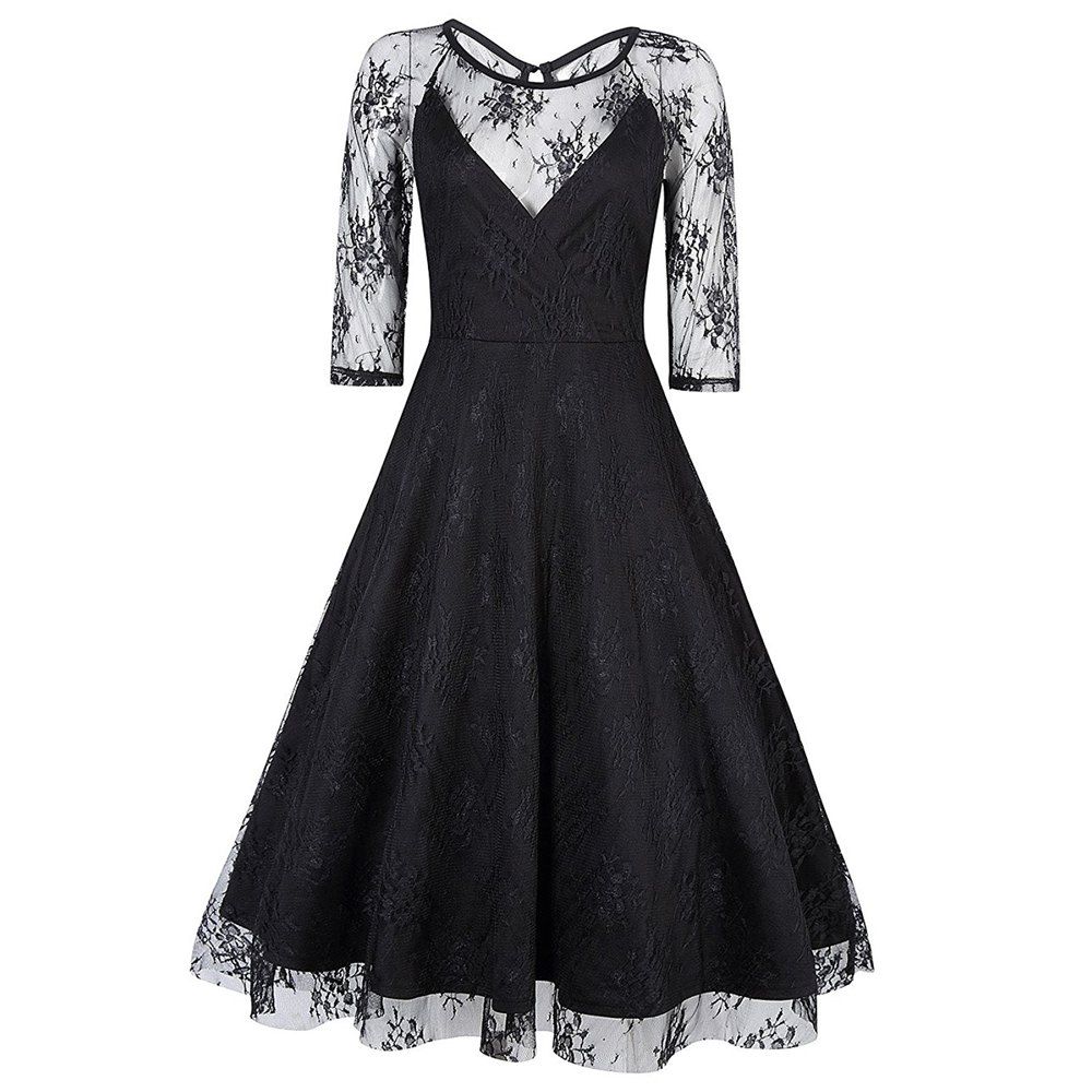 

Vintage 50s 60s 2017 Women O Neck Slim Sexy Sheer A-Line Pin up Rockabilly Solid 3/4 Sleeve A-Line Fashion Lace Dress, Black