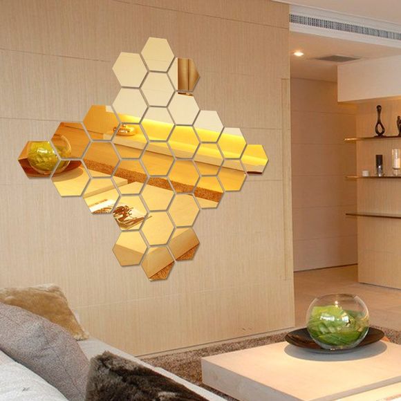 Autocollant Mural d'Art DIY Miroir en Forme d'Hexagone 3D pour Maison - d'or 