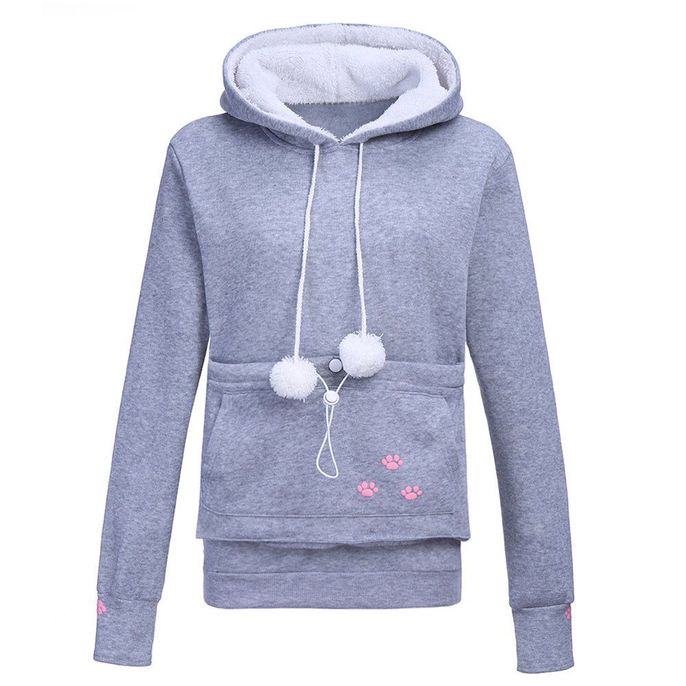 

Plus Size Long Sleeve Embroidery Women Big Pocket With Cuddle Pouch Dog / Cat Pet Hoodies Casual Pullovers, Gray
