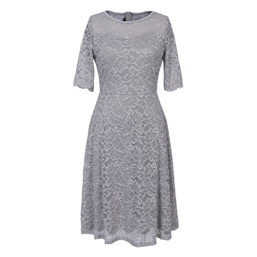 

New Summer Fashion Casual O-neck Three Quarter Sleeve Lace Hollow Out Slim Solid Women Dress, Gray