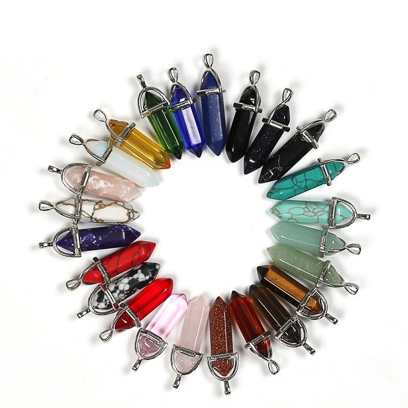 

Healing Pointed Chakra Pendants Hexagonal Quartz Crystals Bullet Shape Stone DIY Charm Beads for Jewelry Making 24PCS, White