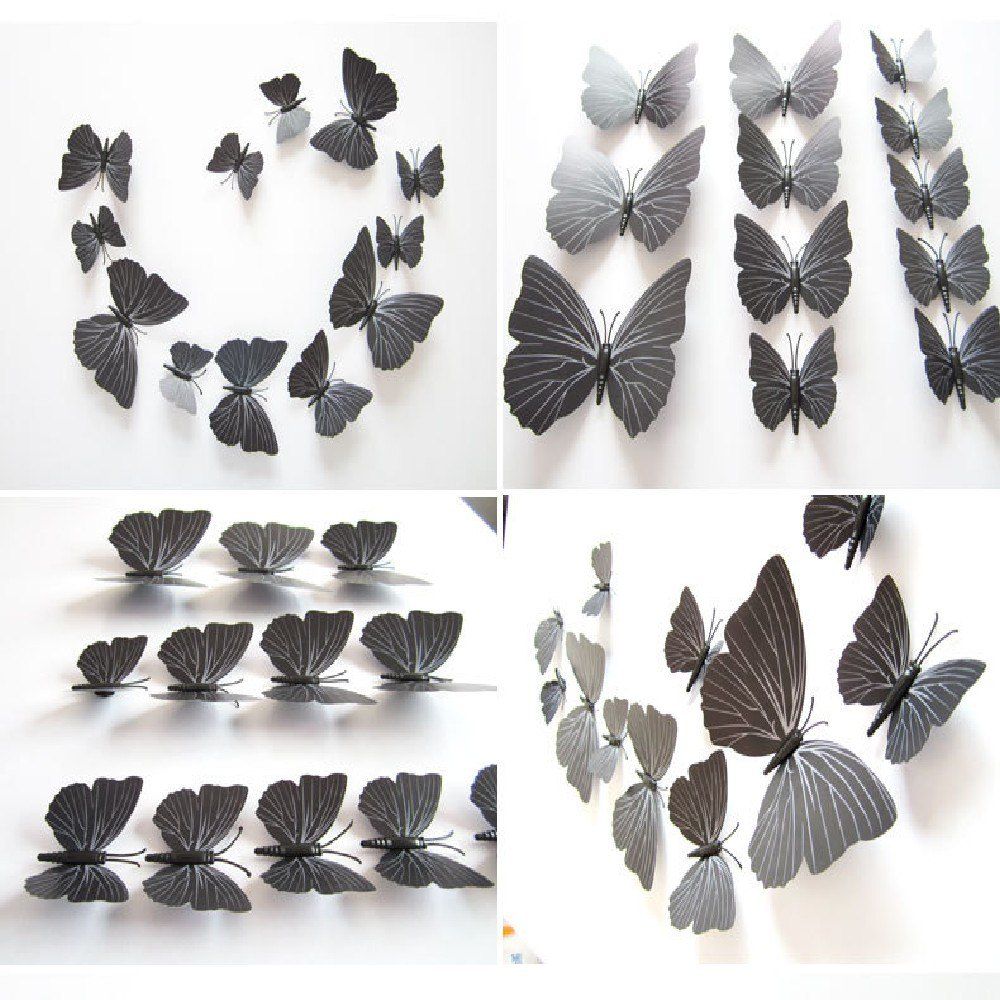 

DSU 12 Butterfly Stickers 3D Stereo Black butterfies Decorative Wall Sticker, Blakc
