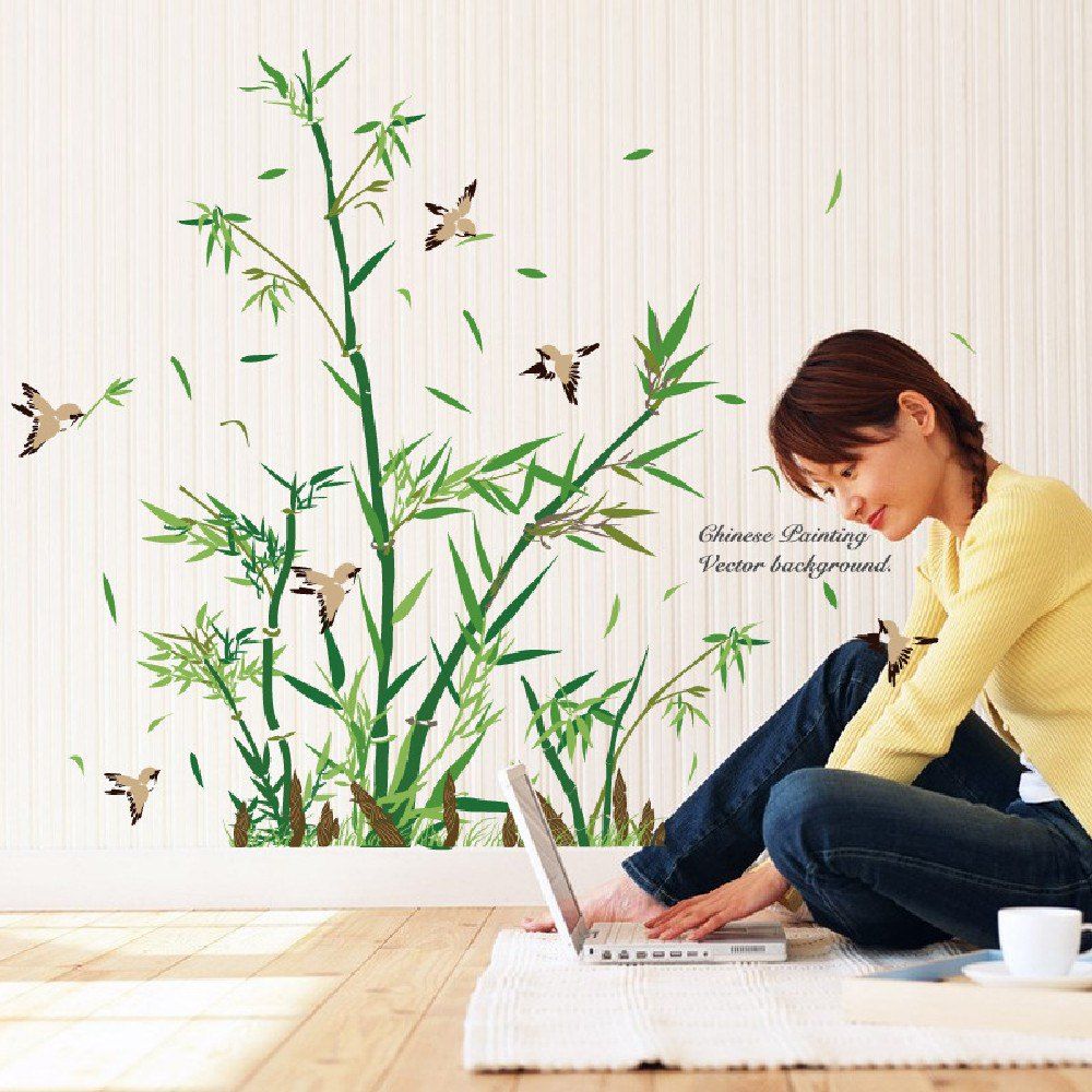 

DSU Bamboo and Birds Bedroom Living Room Decorative Mural wall Sticker, Mixed color