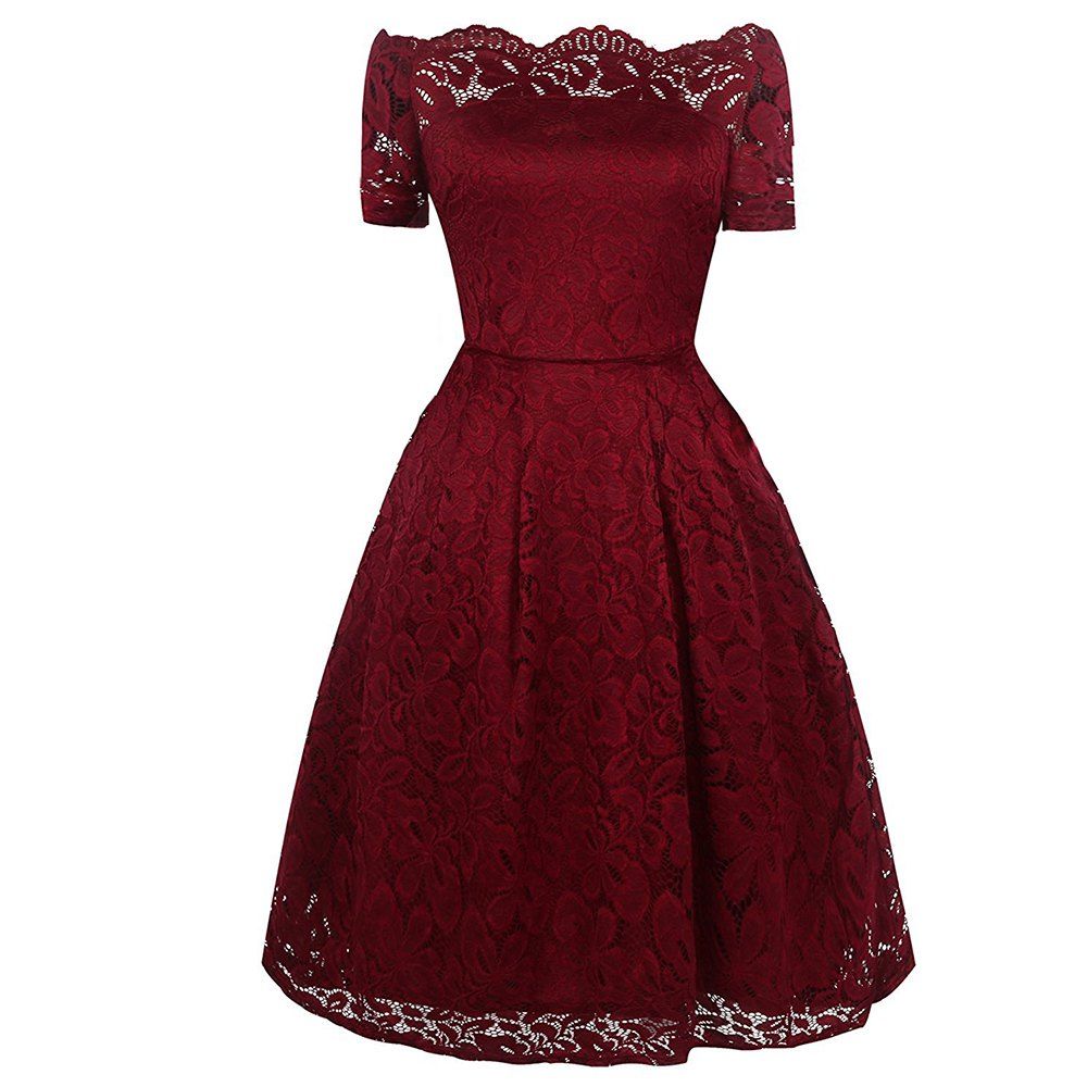 

2017 Summer Embroidery Sexy Women Lace Off Shoulder Short Sleeve Casual Evening Party A Line Formal Dress, Wine red