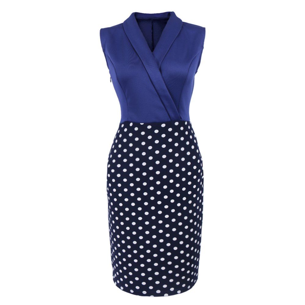 

Elegant Women Summer Sleeveless Cocktail Polka dots Patchwork Vintage Casual Work Office Business Bodycon Pencil Dress, Blue