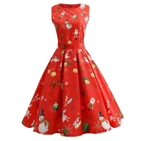 La mode des femmes col rond robe de Noël imprimé - Rouge 2XL