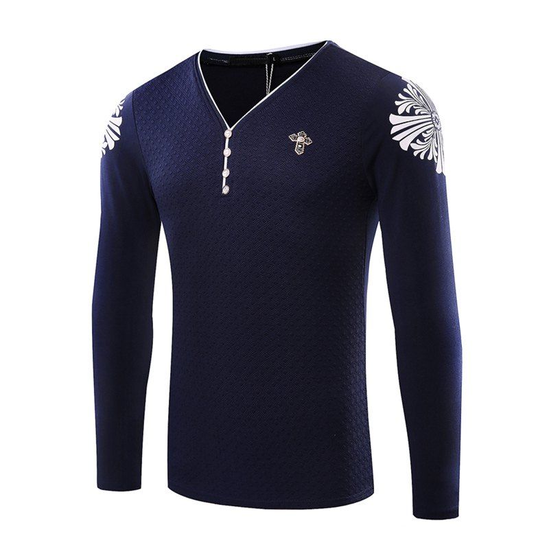 

V Fashion Collar Breasted Mens Long Sleeve T-Shirt, Royal