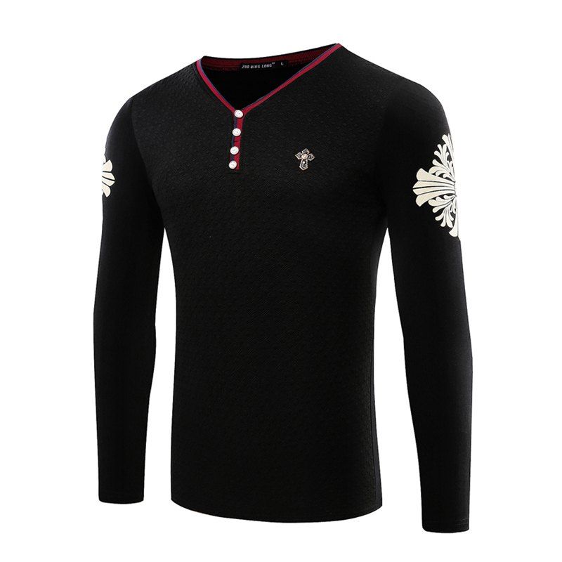 

V Fashion Collar Breasted Mens Long Sleeve T-Shirt, Black