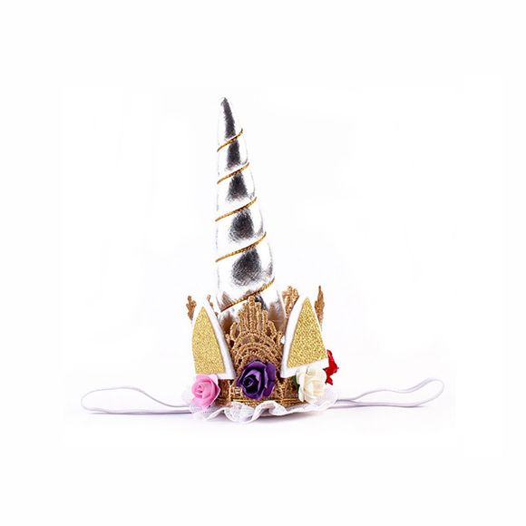 Bandeau de Fête pour Cheveux en Forme de Corne Dorée de Licorne avec Fleur pour Enfants - Argent 