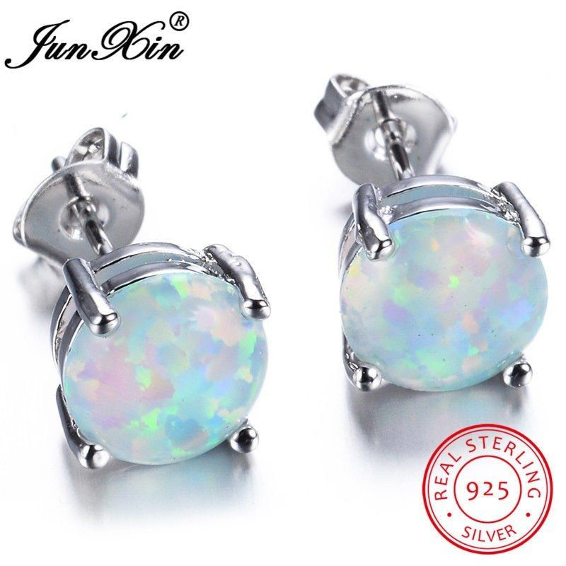 

Junxin Cute 925 Sterling Silver Round Cut White/Blue Fire Opal Stud Earrings Wedding Jewelry 6MM