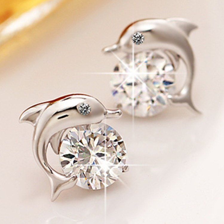 

Lovely Crystal Eye Dolphin CZ Stud Earrings Women's 925 Sterling Silver Jewelry, As the picture