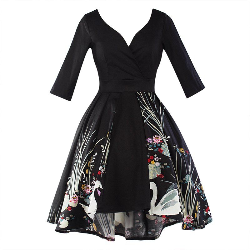 

Long Sleeve Deep V Fashion Print Loose American Dress, Black
