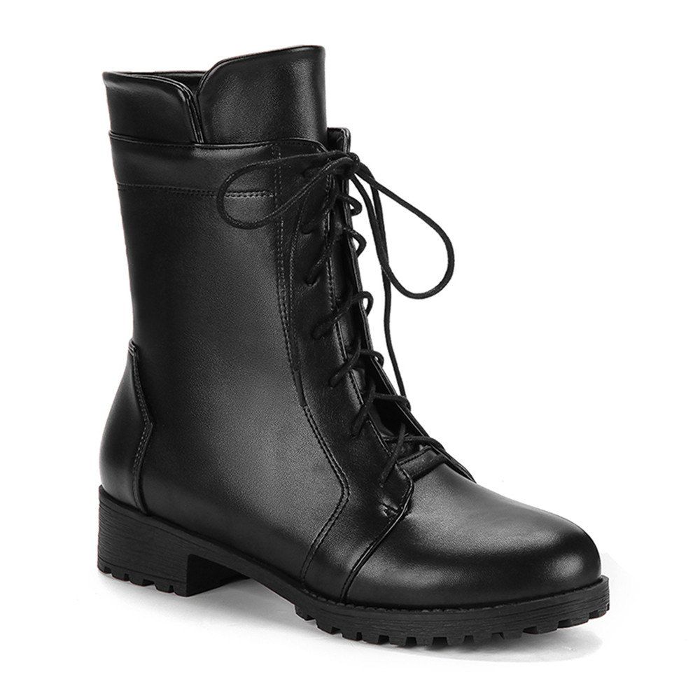 

Miss Shoes HSYA-12 Round Head Tie Zipper Fashion Trend with Low Heel Martin Boot, Black