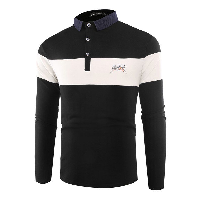 

Fashion Colored Birds Embroidered Lapel Men Long Sleeved POLO T-Shirt, Black