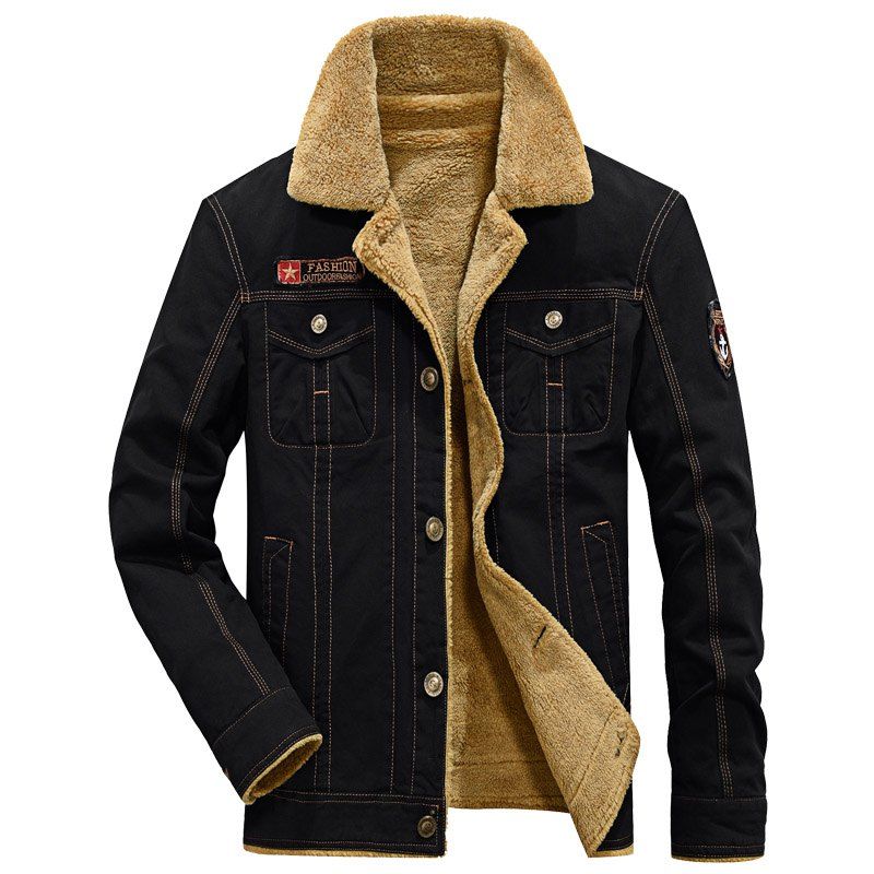 

Autumn and Winter Plus Cashmere Thickened Lapel Uniforms Air Force Jacket, Black