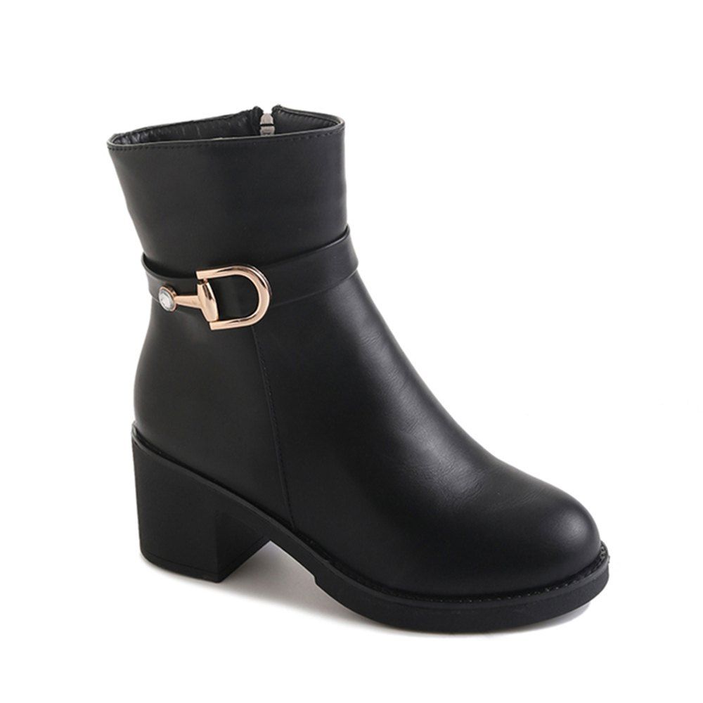 

Women Autumn Winter Fashion PU Leather Ankle Martin Zipper Buckle Boots Waterproof Block Thick Middle High Heel Shoes, Black