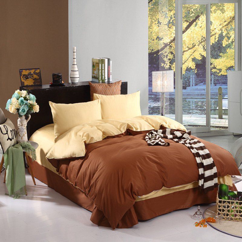 

Two Plain Colors of 100 Percent Cotton Four-Piece Bedding Sets, Coffee gold