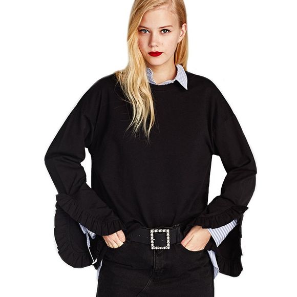 Les femmes  's Fashion Round Round Loose Ruffle poignets Split Sweatshirt - Noir M