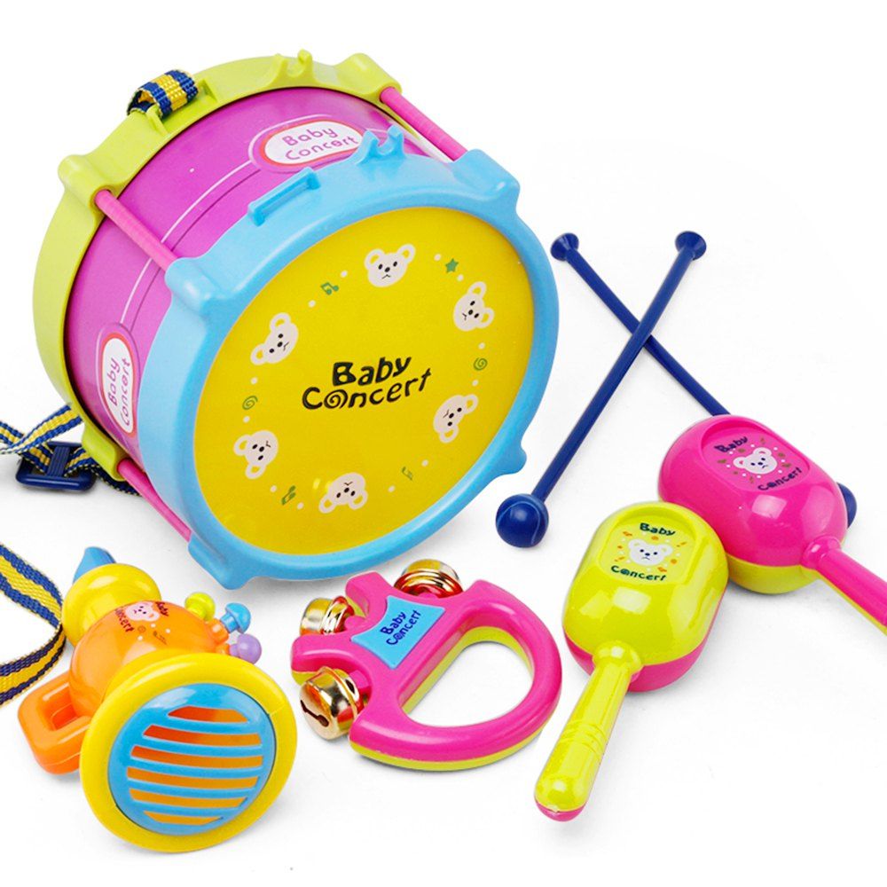 

Children early education drum music educational instrument combination 5 joy woolly waist drum hand bell trumpet baby, Colorful