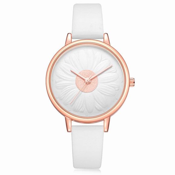 Xinge Femmes Rose Or Fleur Design Cuir Bande Montre-Bracelet 1062 - Blanc 