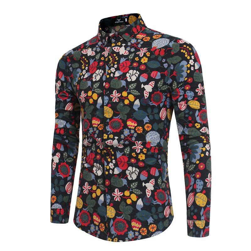 

2018 Spring Men'S New Flower Printing Pattern Men'S Long Sleeved Shirt CS05, Black