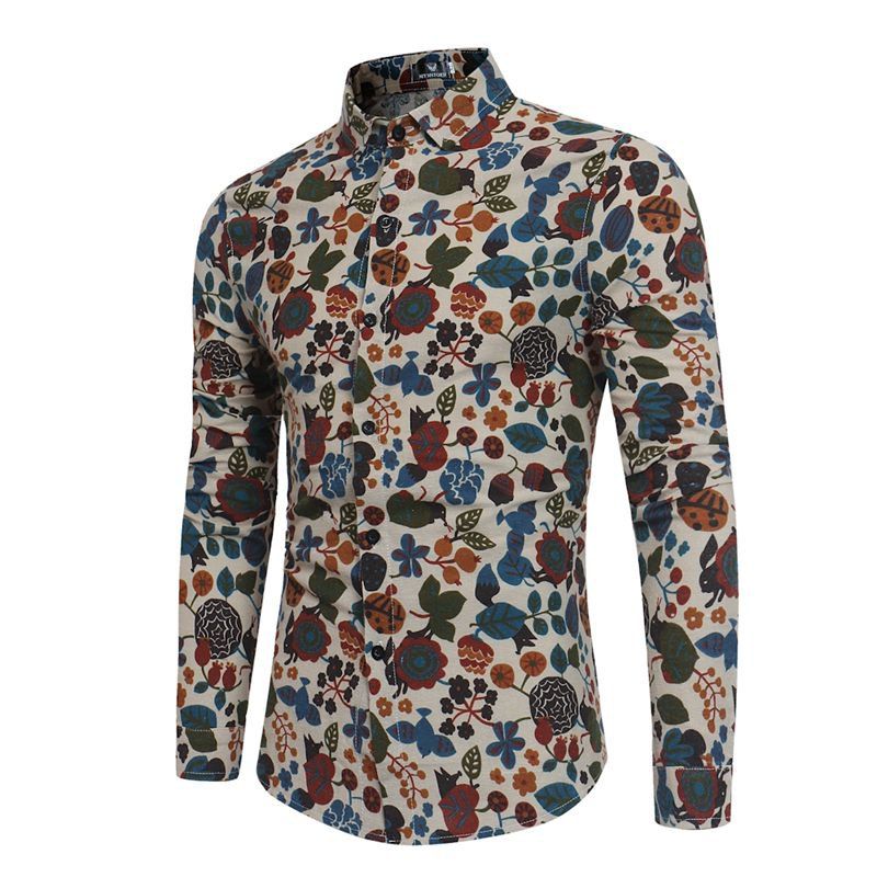 

2018 Spring Men'S New Flower Printing Pattern Men'S Long Sleeved Shirt CS05, Khaki