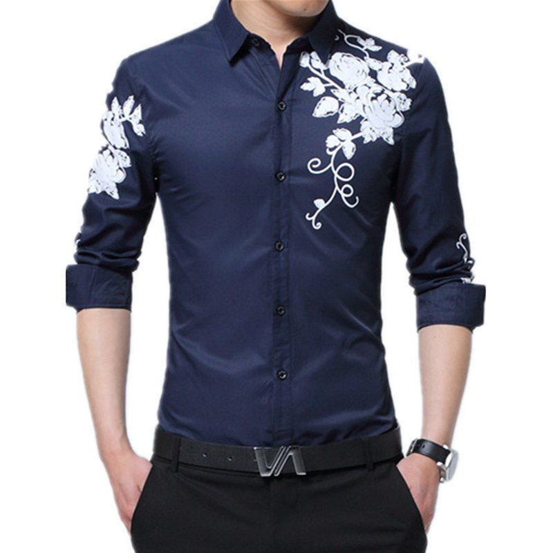 

Male Long Sleeved Printed Shirt, Cerulean