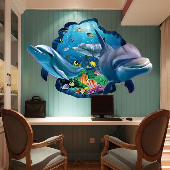 Décalques sous-marins de paysage de mer d'autocollant de mur de dauphin 3D pour la pièce d'enfants - COULEUR MELANGER 60 X 90 CM