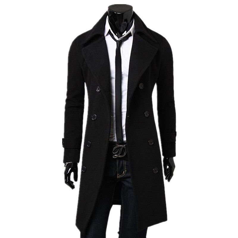 

Business Casual Trench Coat Washed Cotton Turndown Collar Jacket for Men, Black