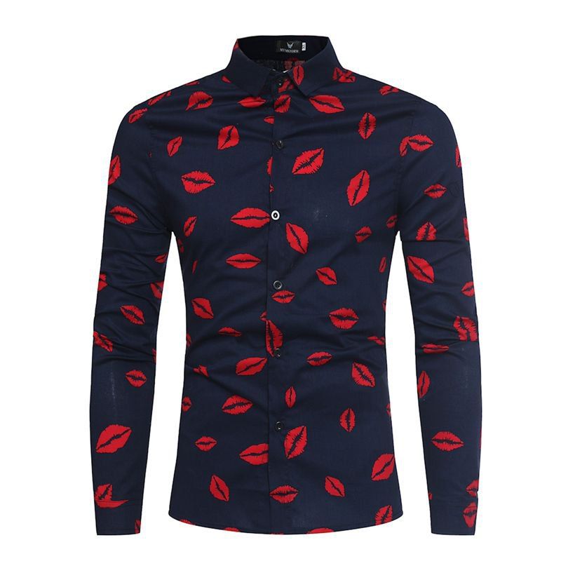 

New Valentine's Day Style Romantic Lip Printing Long Sleeve Shirt, Cadetblue