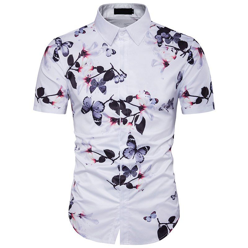 

New Summer Men'S Personality Floral Print Shirt, White