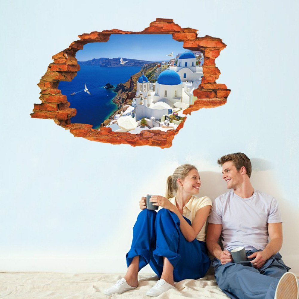 

3D Wall Stickers Aegean Sealandscape Wallpaper Beach Murals Living Room Backgroud Decor, Blue